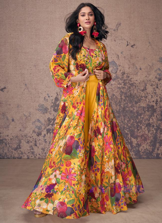 Pure Crepe Silk Yellow Party Wear Digital Printed Readymade Indo Western